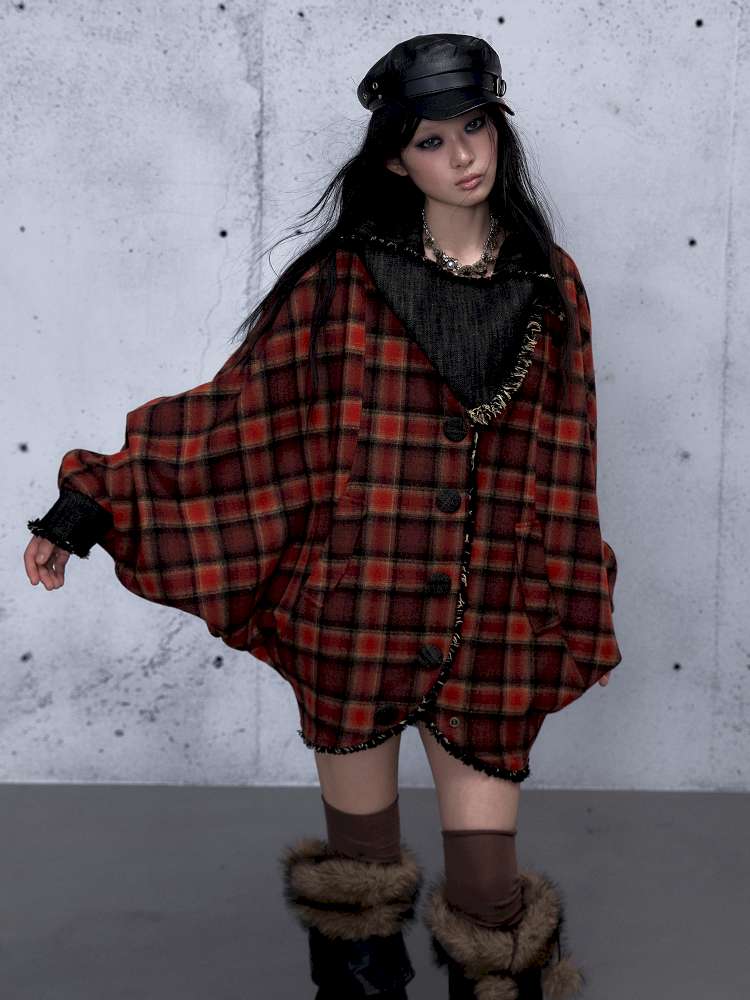 Punk Plaid Denim Bat Woolen Coat【s0000014929】