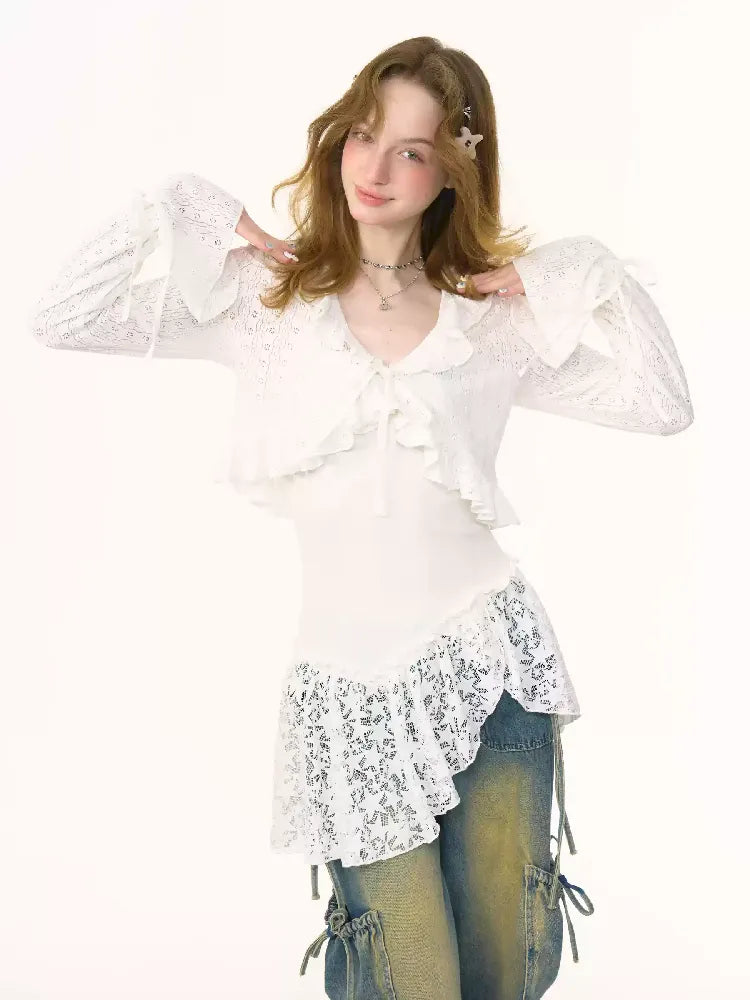 Lace Hollow Tie Knit Cardigan【s0000012228】