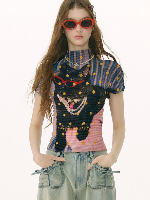 Polka Dot Cat Pleated T-Shirt【s0000016853】