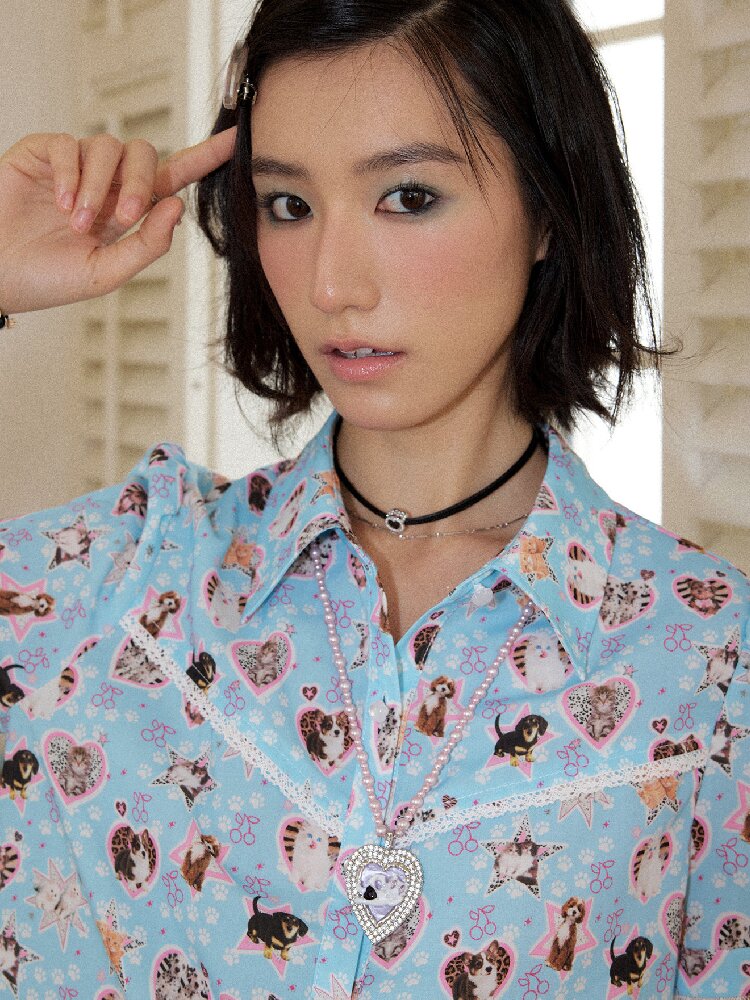 Lace Printed Short Sleeve Shirt【s0000016653】