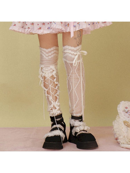 Asymmetrical Girly Lace Tie Mid Calf Socks [s0000007780]