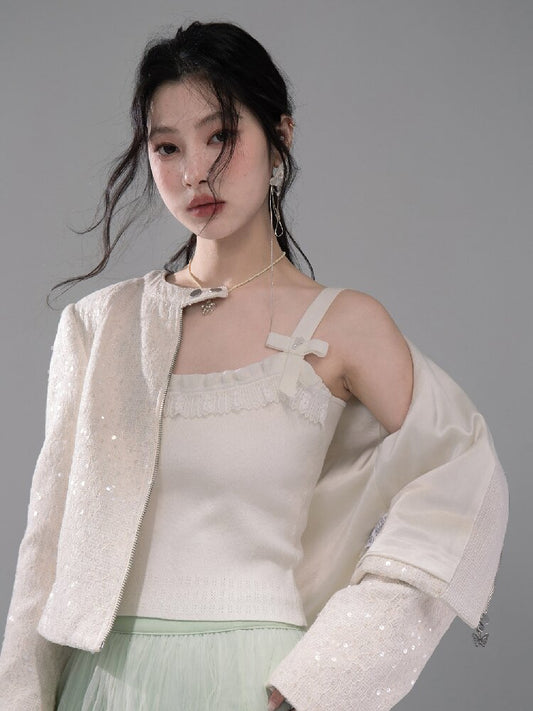 Cloud Woven White Bow Wool Vest【s0000015740】