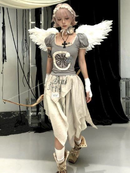 Irregular Patchwork Printed Old Tattered Half Skirt【s0000013526】