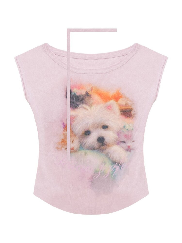 Puppy Print Slim Knitted Short T【s0000017671】