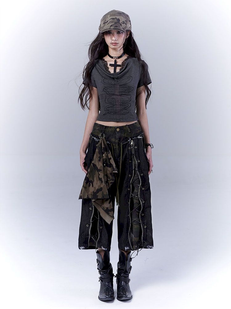 Openwork cross print lace T-shirt【s0000012847】