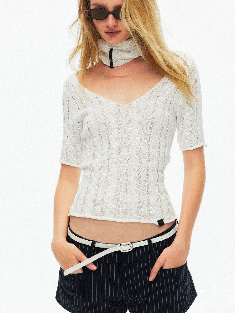 Cut Out Cable V-Neck Knit Top【s0000015928】