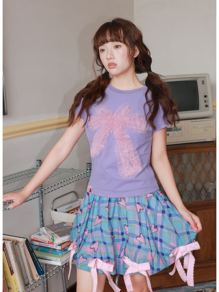 Two-tone mesh bow T-shirt【s0000012828】