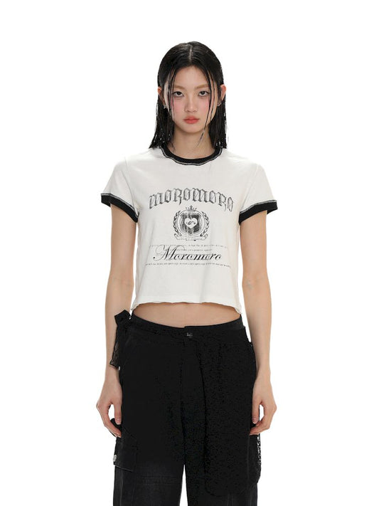 Round Neck Badge Printed Short Sleeve T-Shirt [S0000008625]