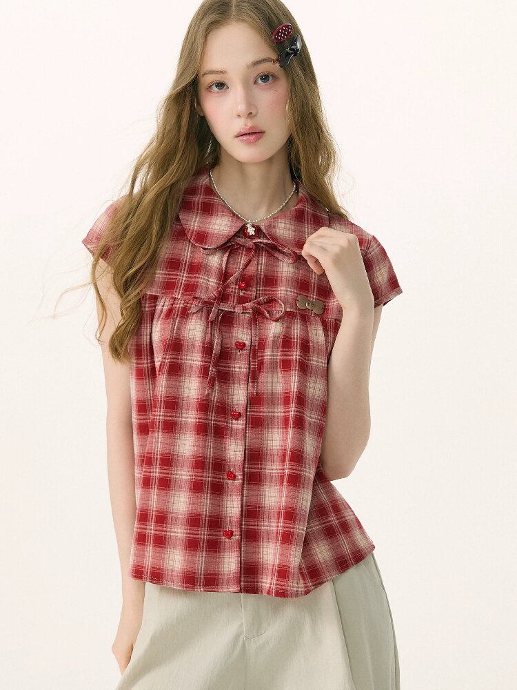 Doll Neck Bow Plaid Preppy Shirt【s0000016850】