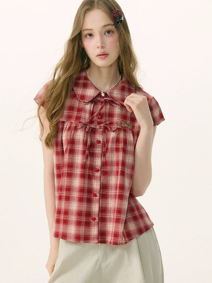 Doll Neck Bow Plaid Preppy Shirt【s0000016850】