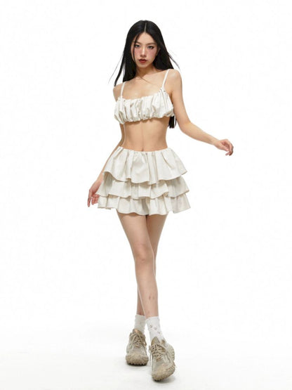 Pleated Stretch Cami Ruffle Cake Dress Set【s0000009589】