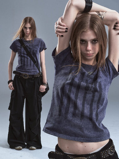 Old Bass Print Raw Edge T-shirt【s0000016898】