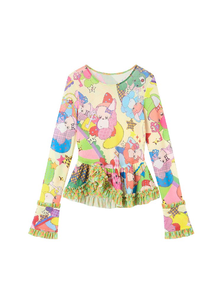 Two Color Cartoon Mesh Lace Top【s0000016197】