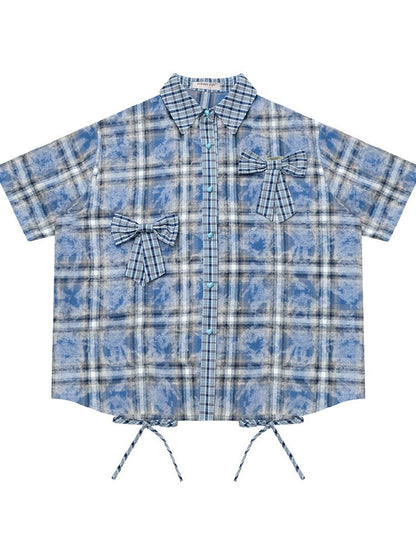 Blue Plaid Bow Preppy Style Shirt【s0000017308】