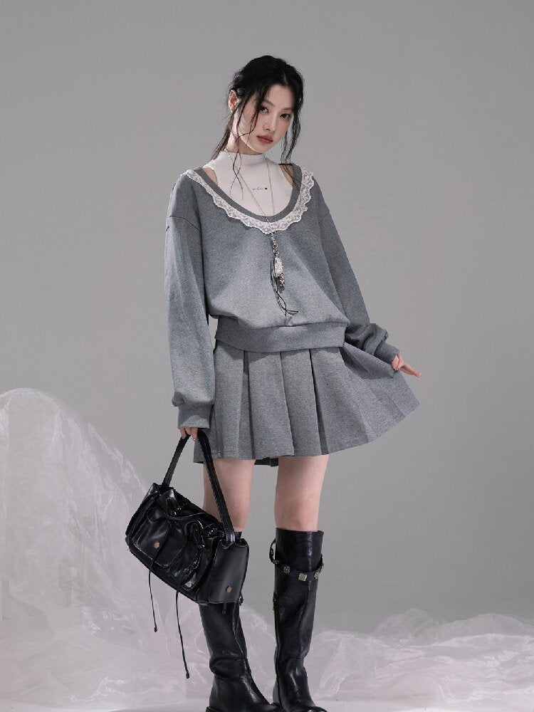U-neck Sweatshirt Pleated Skirt Set【s0000015742】