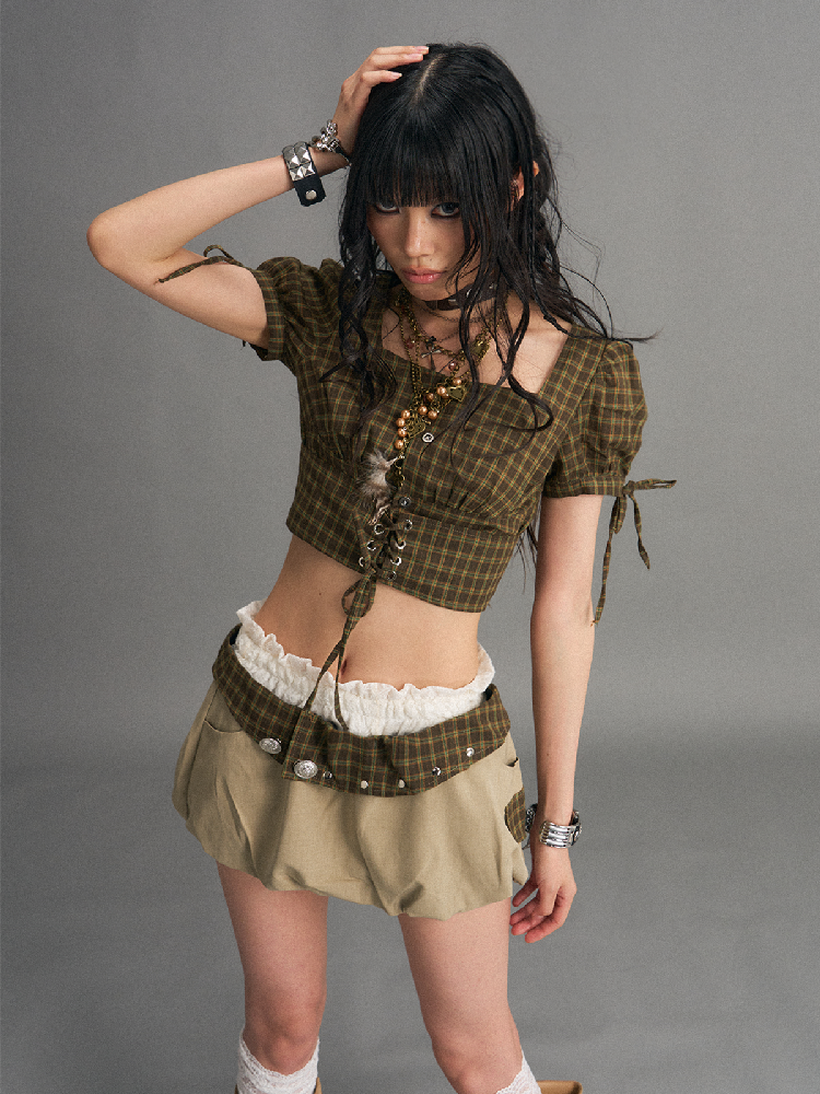 Vintage Plaid Tie Square Neck Top【s0000017528】