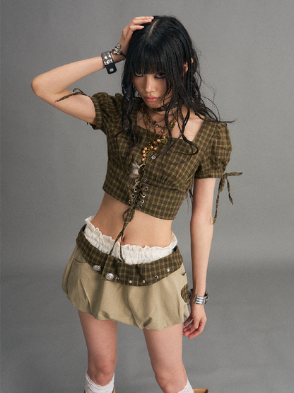 Vintage Plaid Tie Square Neck Top【s0000017528】