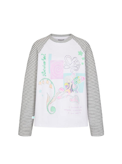 Loose Print Striped Raglan Top【s0000016378】