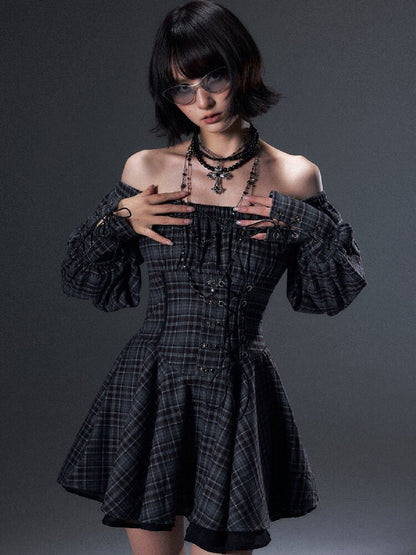 Vintage Plaid Off-Shoulder Dress【s0000018002】