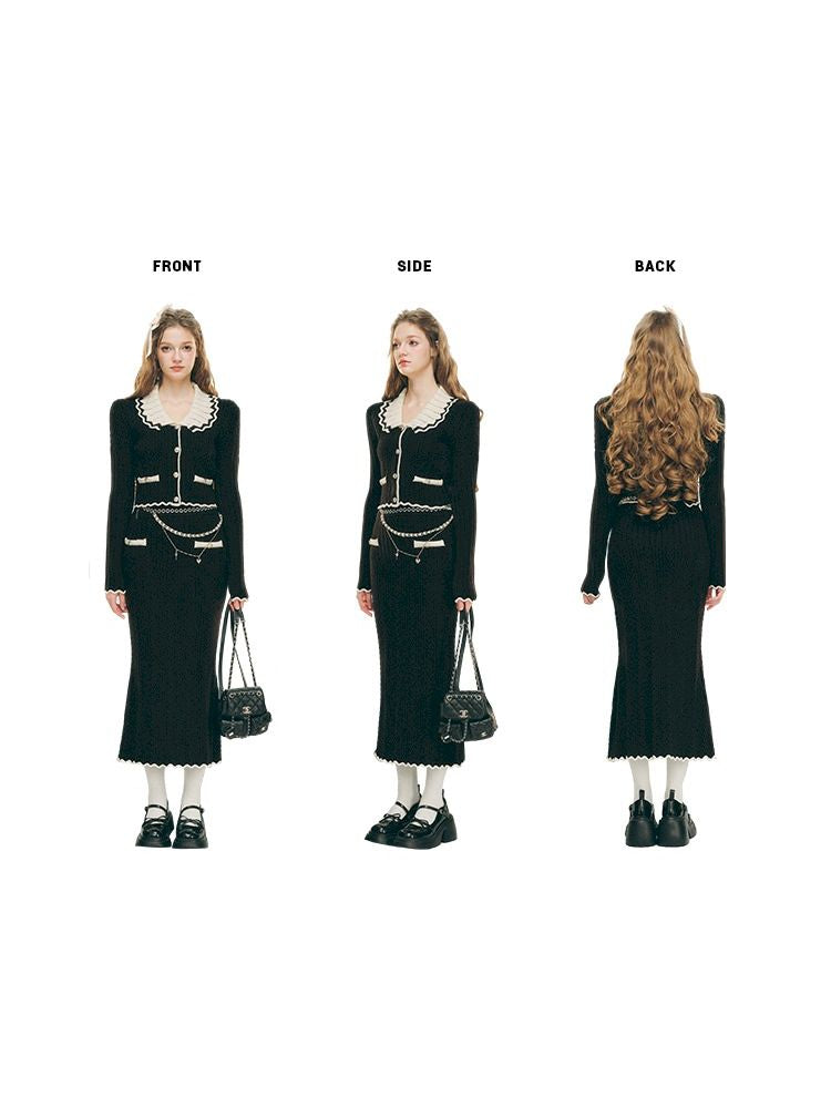 Knit Cardigan Wrap Hip Skirt Two Piece Chambray Set【s0000005286】