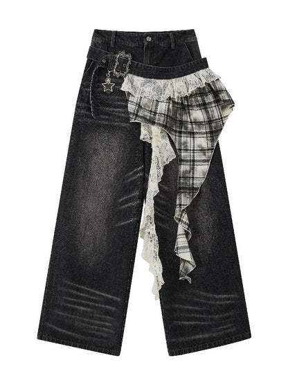 Plaid Ruffled Wide Leg Jeans【s0000016268】