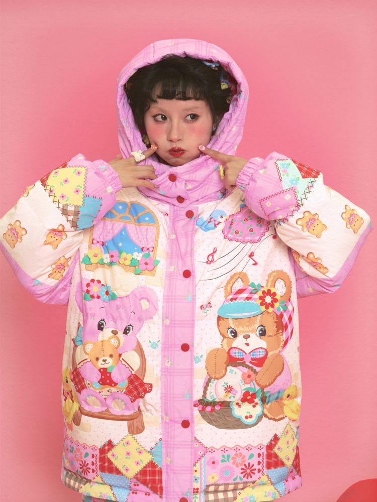 곰 핑크 따뜻한 후드 재킷 [S0000011331]
