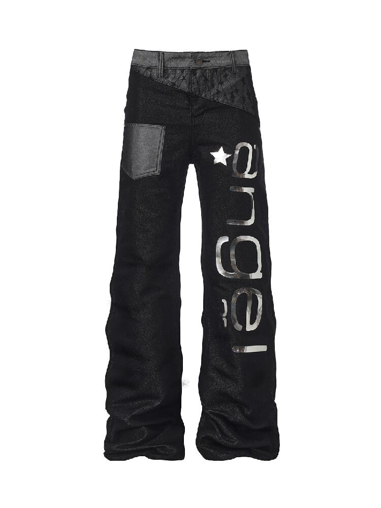Silver Lace Patchwork Letter Print Jeans【s0000019263】