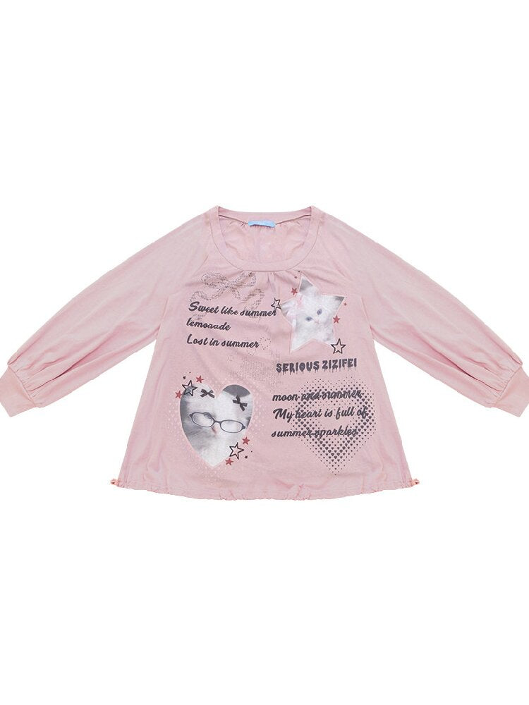 Lantern Sleeve Cat Print T-Shirt【s0000017878】