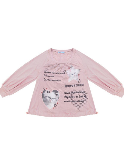 Lantern Sleeve Cat Print T-Shirt【s0000017878】