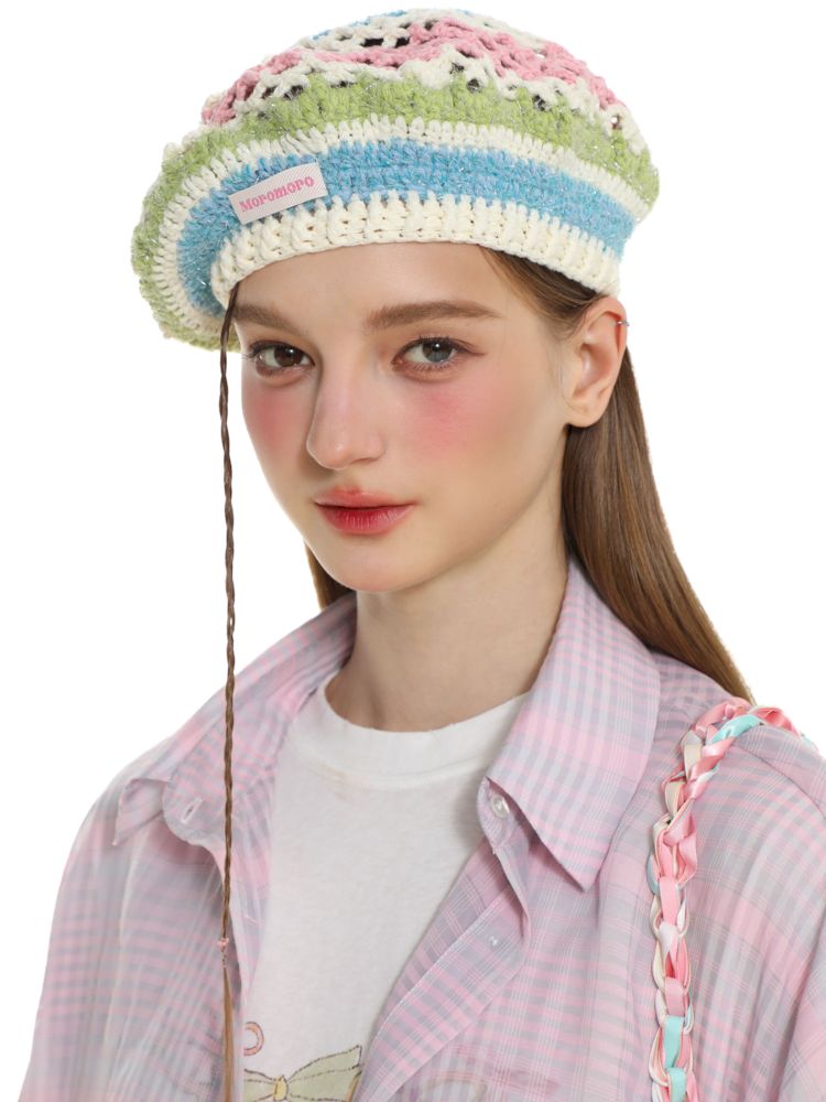 Fish scale pattern jacquard bow beret【s0000008686】