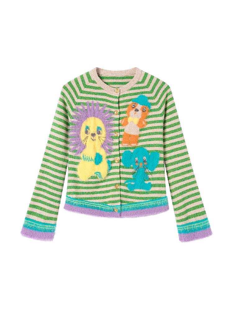 Striped Plush Cartoon Knit Cardigan【s0000016198】