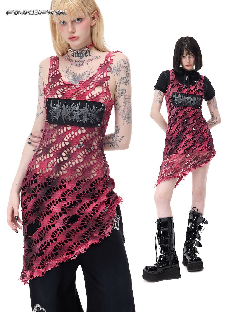 Riveted Applique Mesh Irregular Dress【s0000017715】