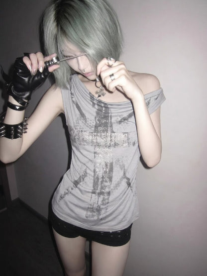 Punk Slanted Shoulder Print Vest【s0000018111】