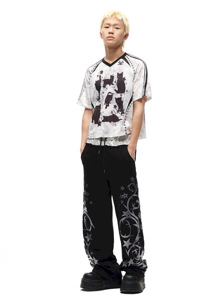 Black cat print shoulder sleeve t-shirt【s0000012586】