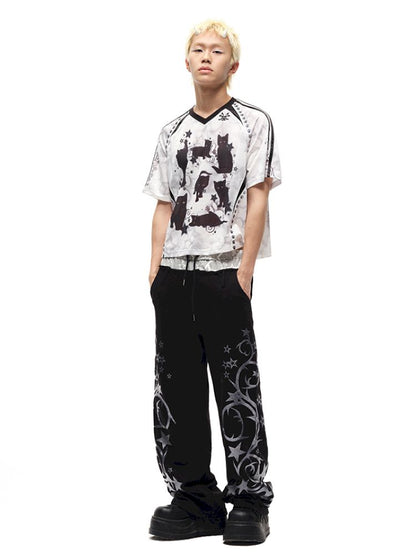 Black cat print shoulder sleeve t-shirt【s0000012586】