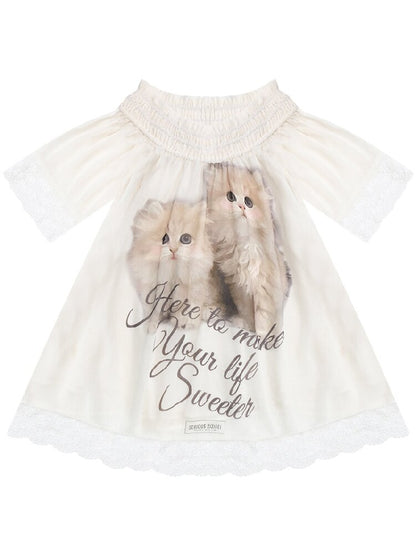 Lace Patchwork Cat Print T-Shirt【s0000017303】