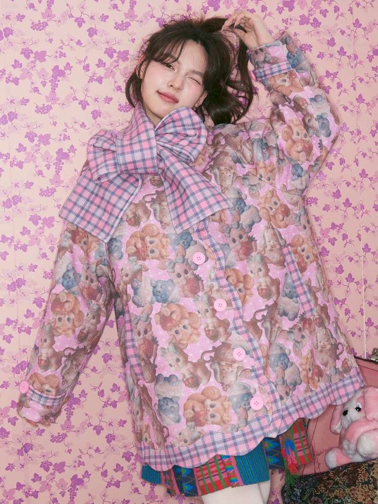 Pink Plaid Animal Padded Jacket【s0000015026】