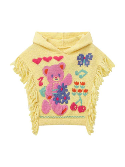 Yellow Bear Knit Shawl Tassel Hooded Cape【s0000014821】