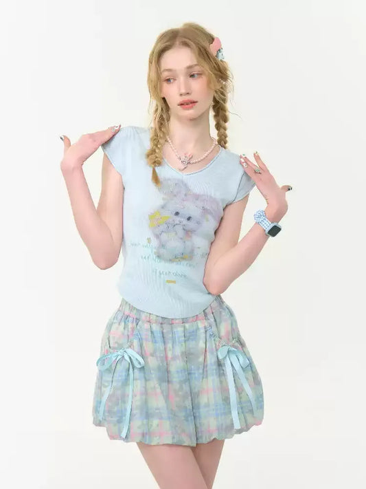 V-neck Baby Blue Short Sleeve T-shirt【s0000012268】