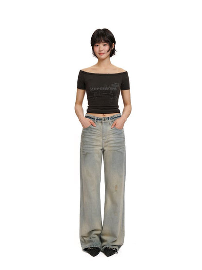 Cotton frayed high-waisted denim casual pants【s0000012501】