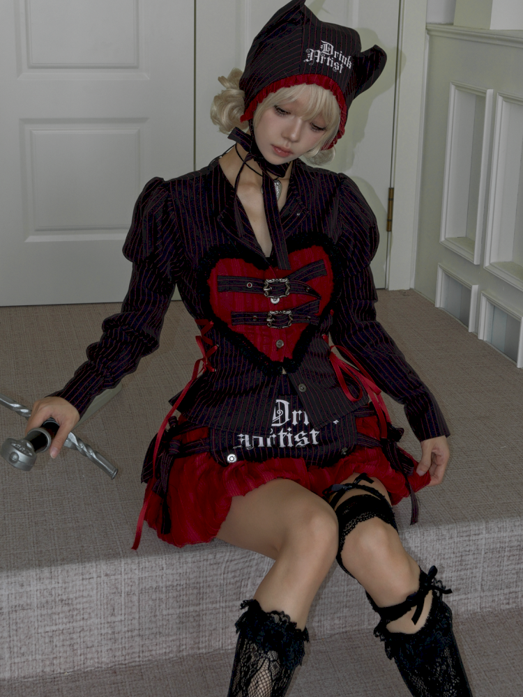 Lace-Up Striped Puff-Sleeve Lantern Skirt Shirt【s0000014435】