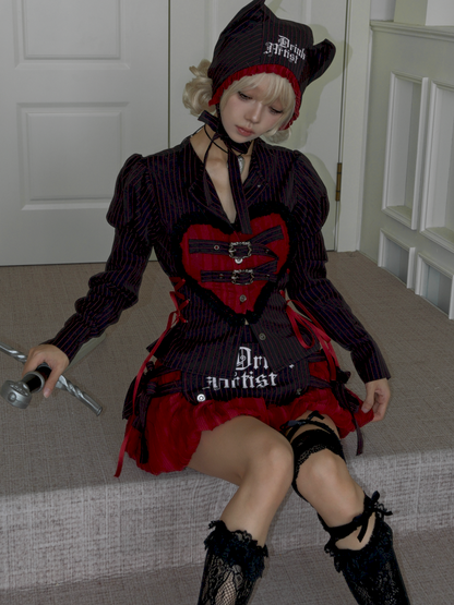 Lace-Up Striped Puff-Sleeve Lantern Skirt Shirt【s0000014435】