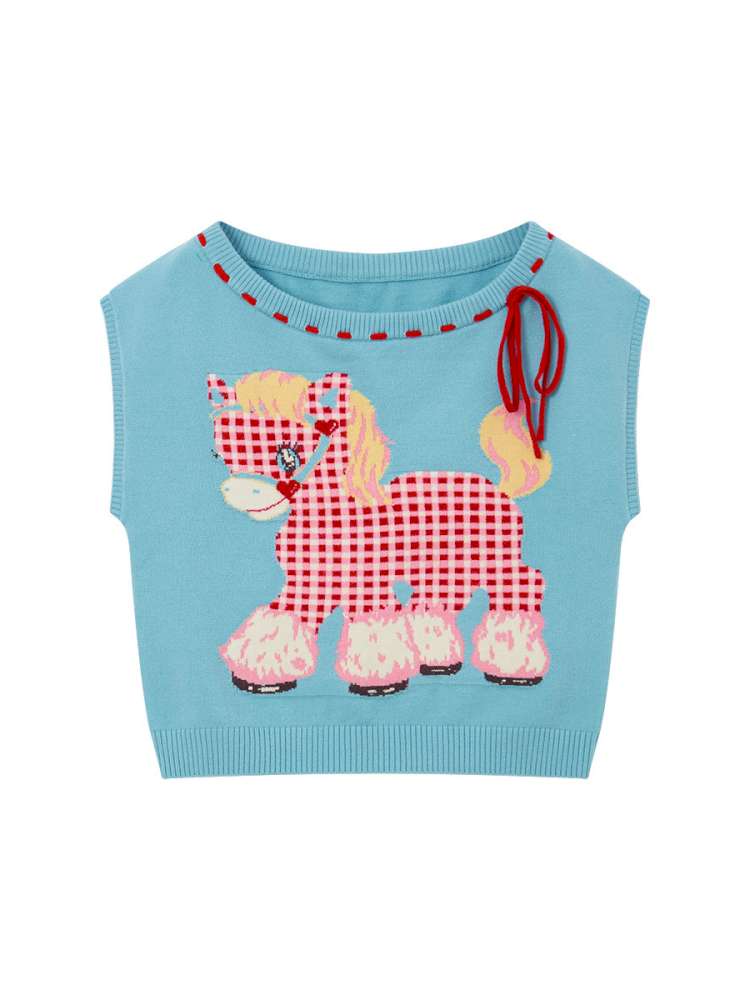 Blue Red Plaid Pony Knit Vest【s0000015023】