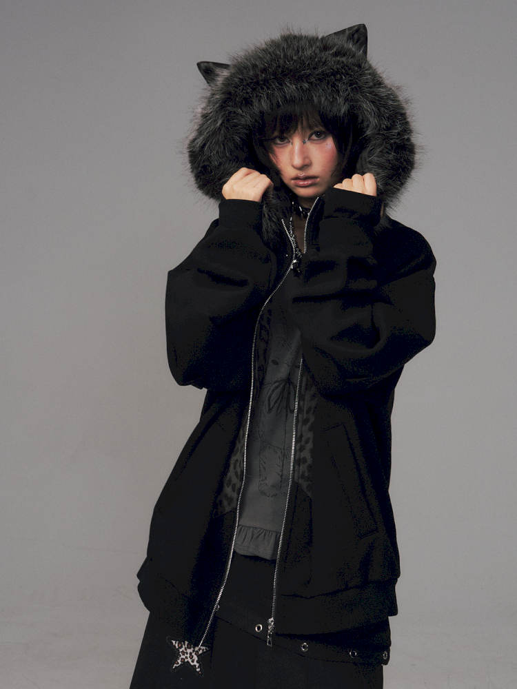 Cat Ears Leopard Print Fleece Hooded Jacket【s0000014708】