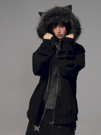 Cat Ears Leopard Print Fleece Hooded Jacket【s0000014708】