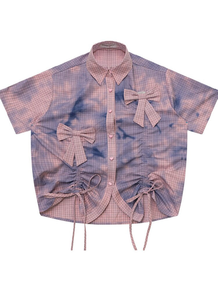 Distressed Plaid Bow Short Sleeve Shirt【s0000017755】