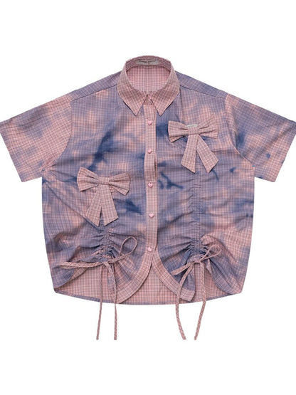 Distressed Plaid Bow Short Sleeve Shirt【s0000017755】