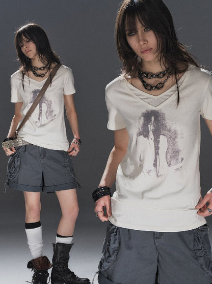 Portrait Print Linen Punk T Shirt【s0000016245】