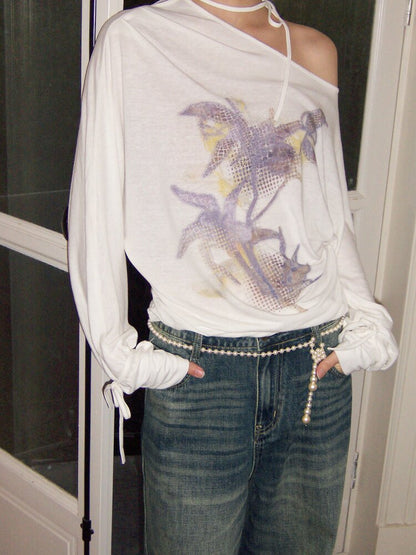 Mist Orchid Print Lace Up Top【s0000015457】
