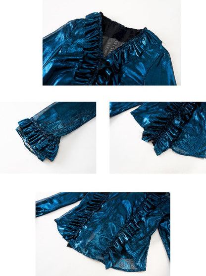 Metallic-colored broken polarized blue mesh cardigan【s0000013178】